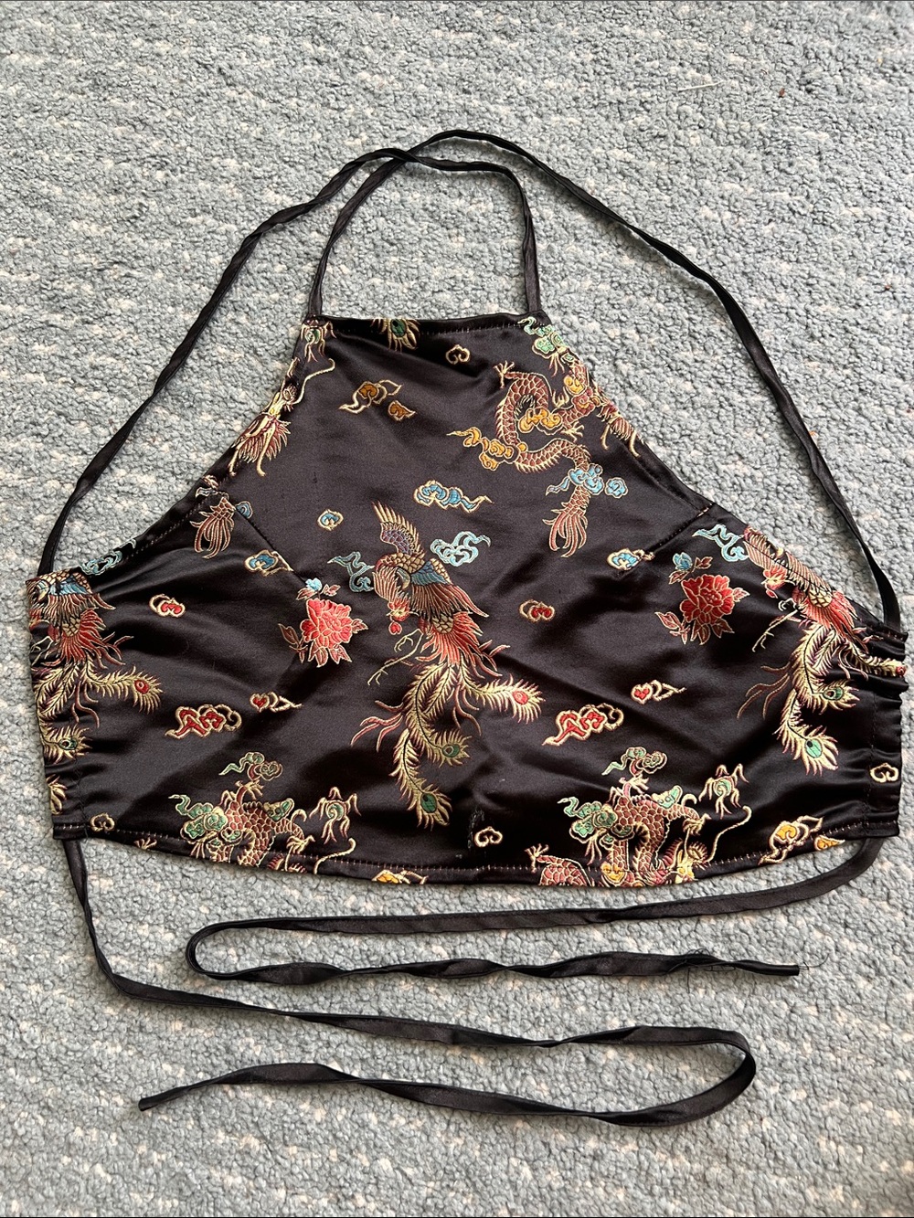 ROMWE Black Satin Halter Bandeau with Multicolor Dragon & Floral Print
